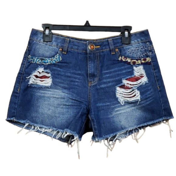 Desigual Embroidered Distressed Denim Shorts Size 28 Boho Festival - Picture 1 of 11